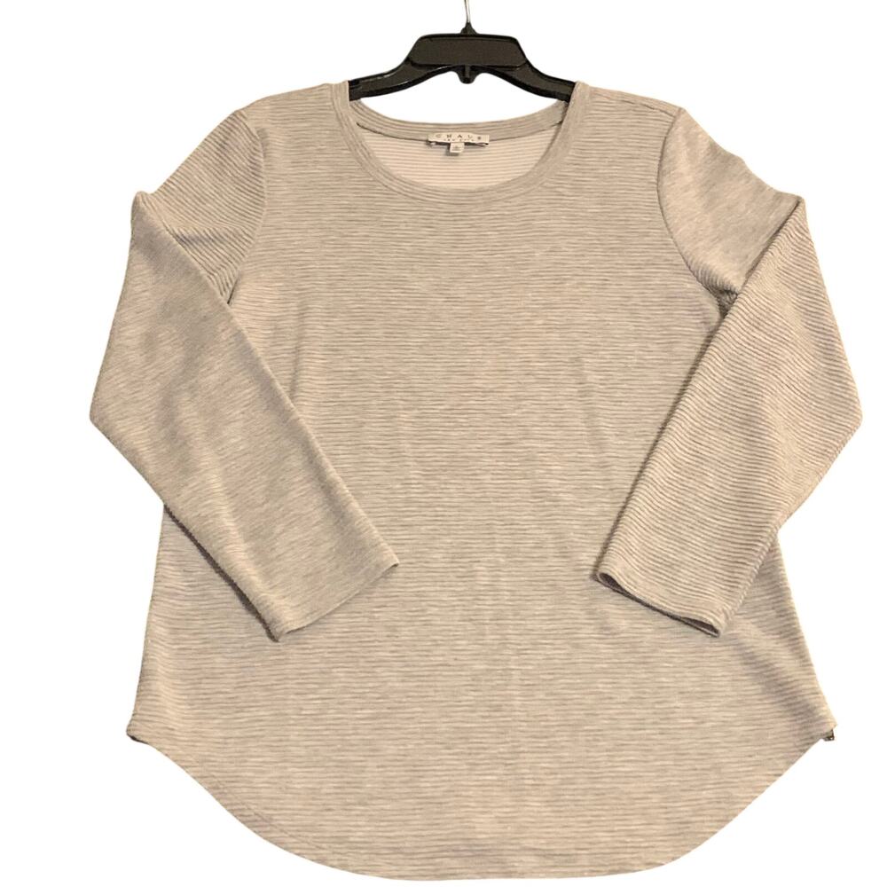 Chaus New York Womens Tunic Top Long Sleeve Lg Gray Metallic Threads Side Zipper
